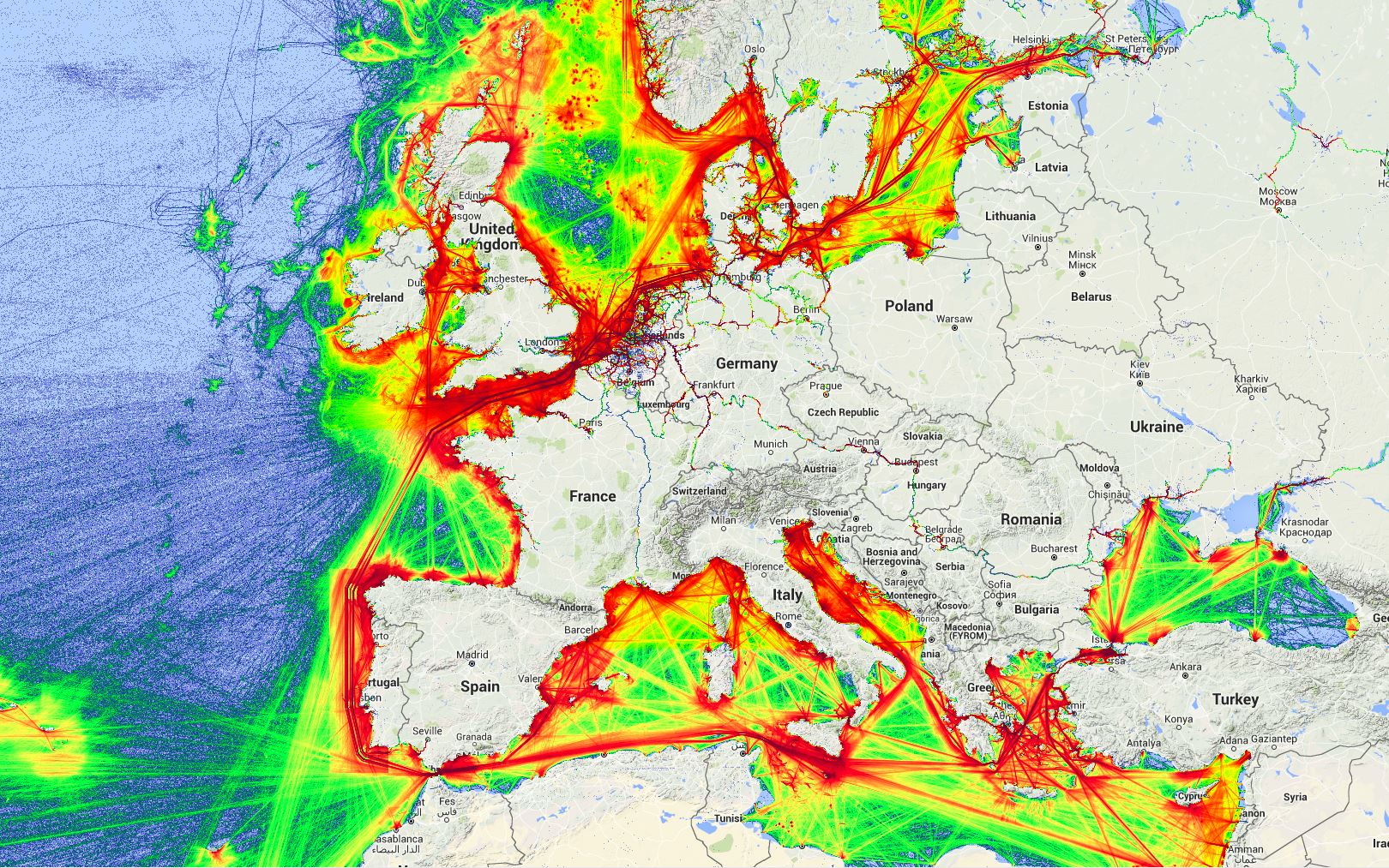 Mapa de densidad de tráfico marítimo en el marco del proyecto SILEMAR